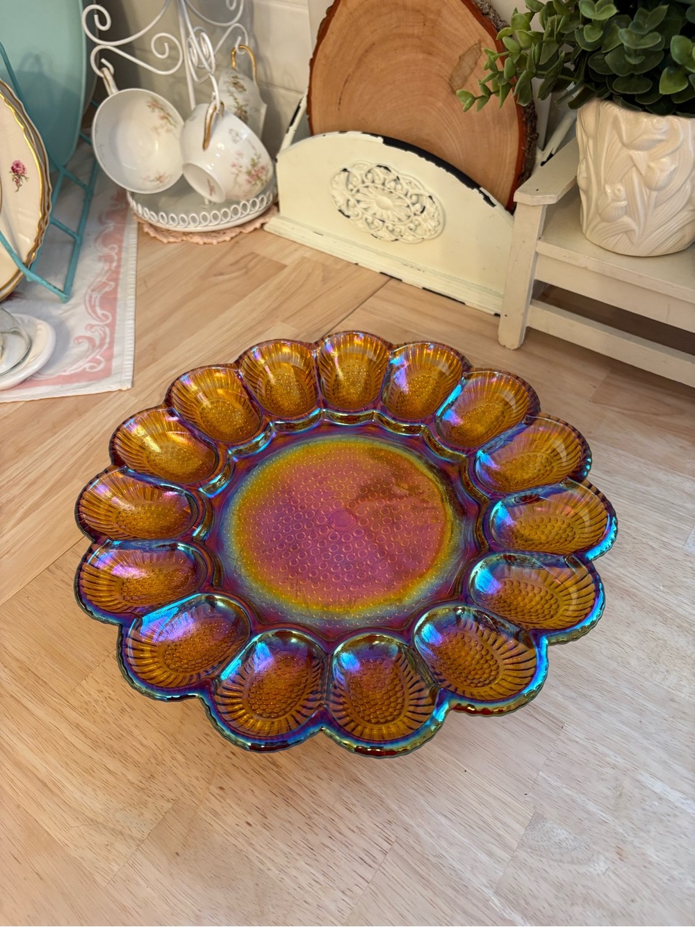 Iridescent Amber Carnival Glass Egg Tray - Home Art